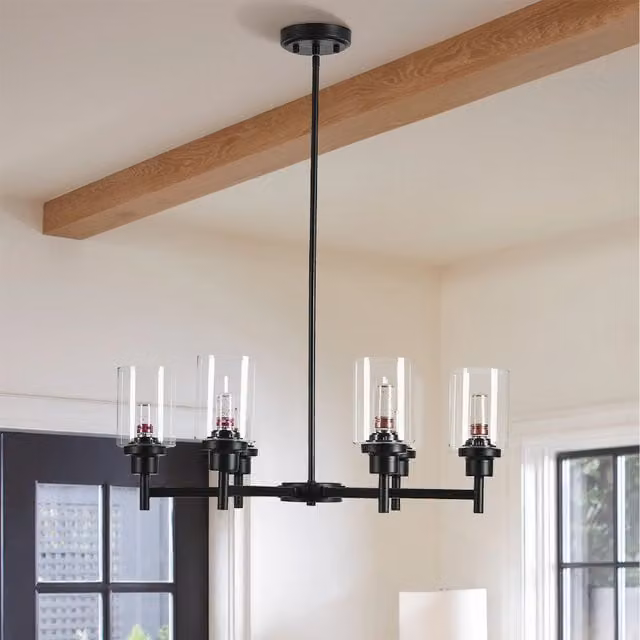 Livingandhome Modern 6-Light Suspended Chandelier with Black Metal and Transparent Glass Cylinder Lampshades