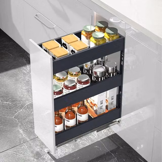 Komore 3-Tier Pull Out Aluminium Kitchen Cabinet Shelf in Grey