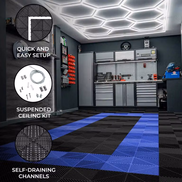 Monstershop Hexagon LED Light and Vented Garage Floor Tiles with Edges, Black and Blue, 90 Pack