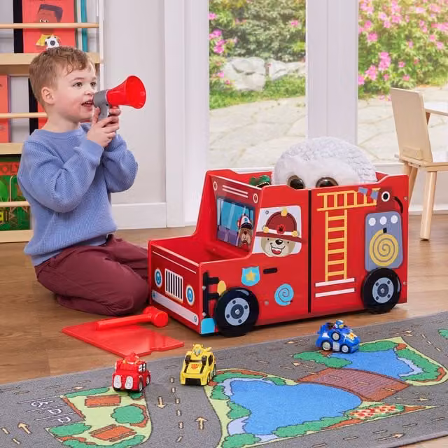 Liberty House Toys Kids Fire Engine Toy Box in Red Glossy Wood with Removable Lid