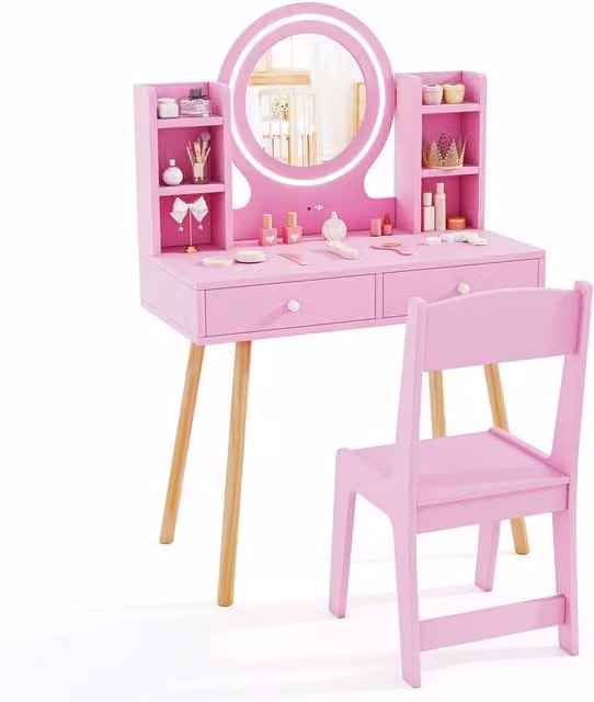 Costway Kids Princess Vanity Desk Set with LED Lighted Mirror in Pink