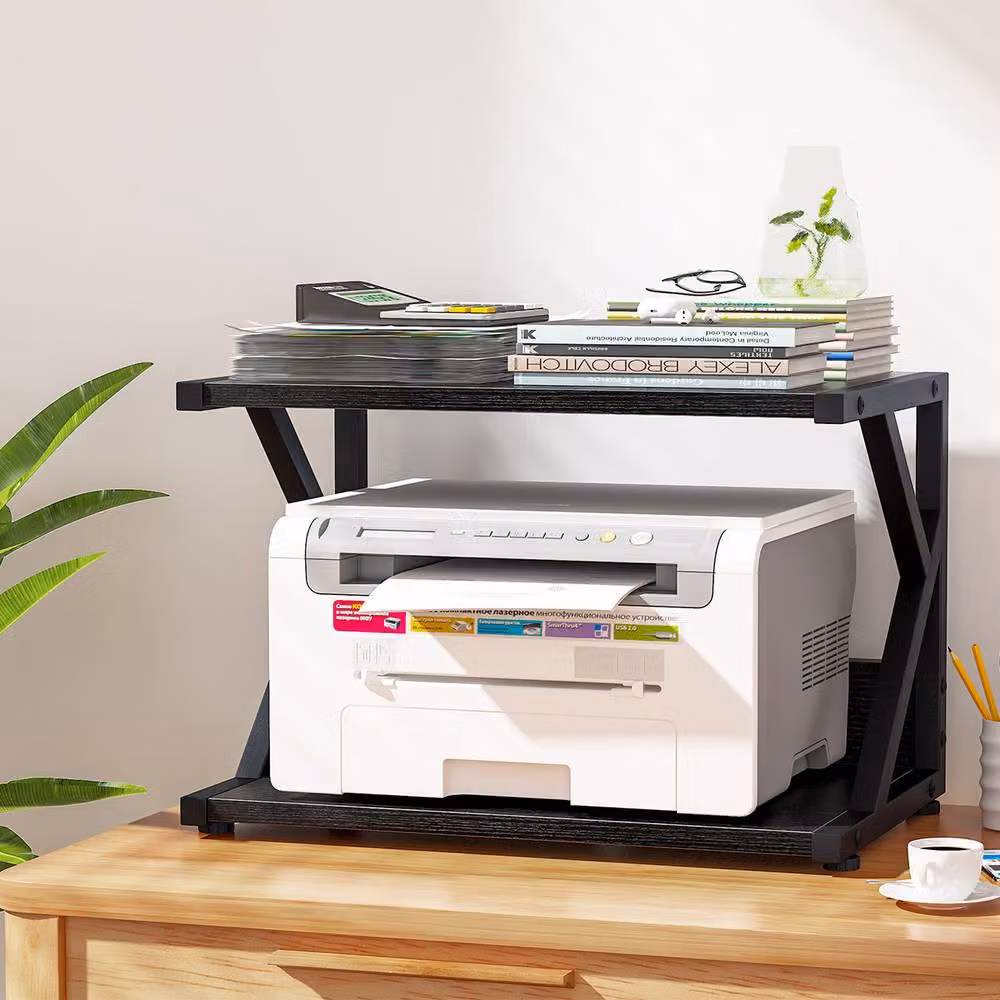 Huhote 2-Tier Wooden Desktop Printer Stand with Wheels and Storage in Black – 2
