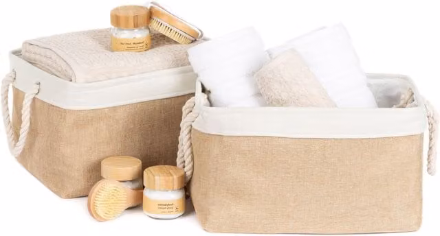 LIVIVO Mara Set of 2 Large Grey Fabric Storage Baskets with Cotton Rope Handles, 32L Capacity
