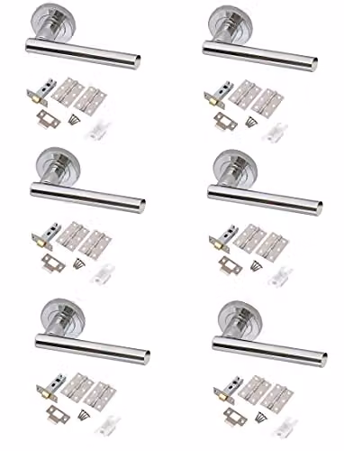 Golden Grace T-Bar Door Handle Sets with Latch and Hinges in Polished Chrome, 6 Pack