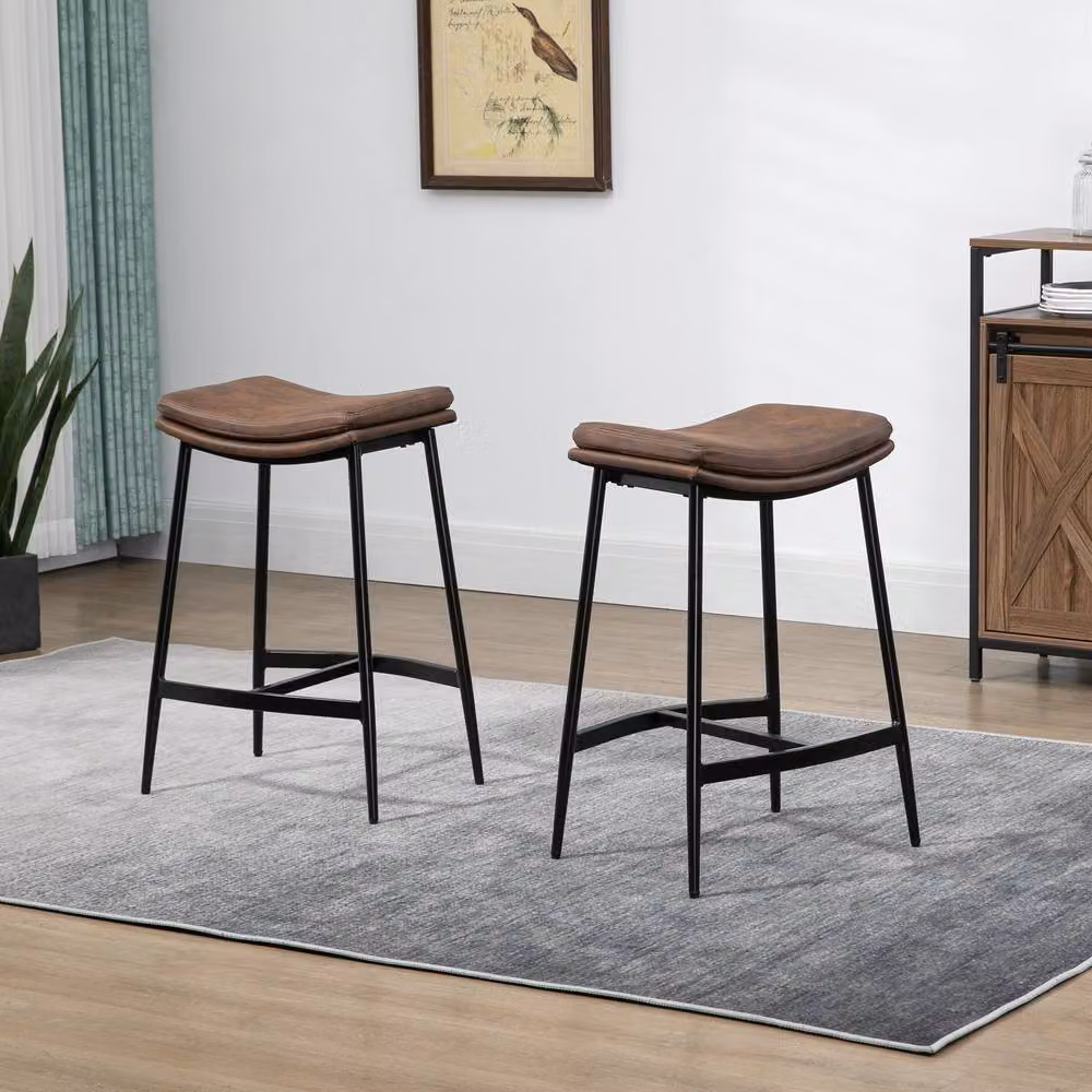 STILVORA Set of 2 Modern Brown Bar Stools with Metal Frame and Synthetic Leather Upholstery – 2