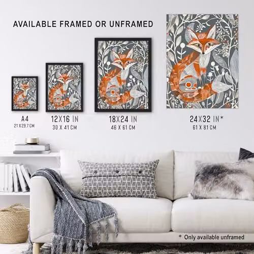 Artery8 Woodland Fox Folk Art Grey Rustic Wildflowers Unframed Paper Wall Art Poster – 3