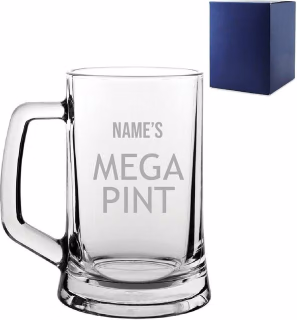 Uniqueful Personalised Mega Pint Beer Glass Tankard with Modern Design, 568 ml, Clear