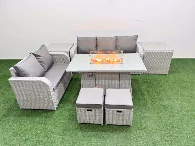 Fimous 7 Seater Grey PE Rattan Wicker Garden Furniture Set with Firepit Dining Table, 3 Seater Sofa, Love Seat, 2 Stools and 2 Side Tables