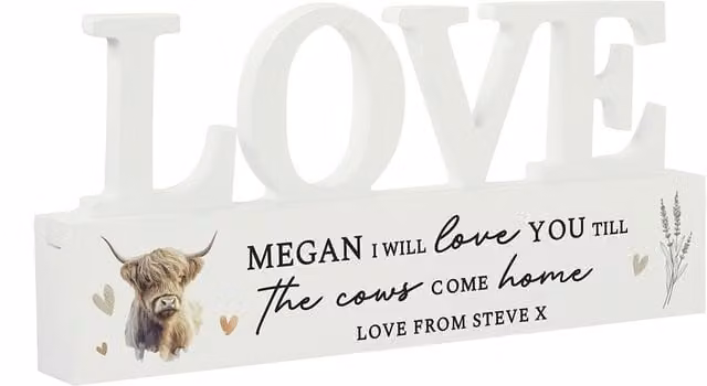 Personalised Memento Company Personalised Highland Cow LOVE Wooden Tabletop Ornament in White
