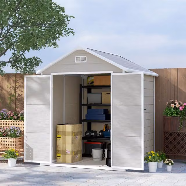 Outsunny Plastic Garden Storage Shed with Floor and Window, Light Grey, W: 182 cm, D: 151 cm, H: 219 cm