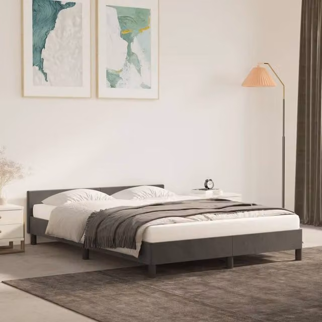 Berkfield Home Upholstered Velvet Bed Frame with Headboard in Dark Grey, W: 135 cm, L: 190 cm