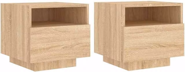 Berkfield Home Set of 2 Bedside Cabinets with Integrated LED Lights in Sonoma Oak and Light Tan, W/D/H: 40 x 39 x 37 cm
