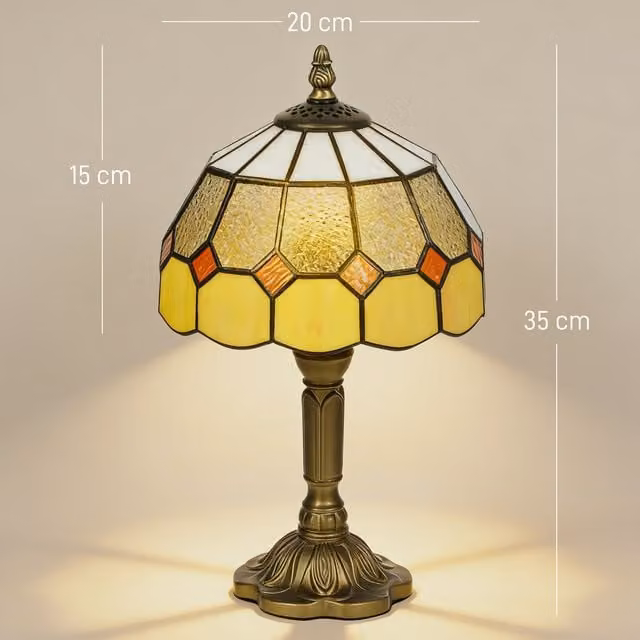 HOMCOM Art Deco Handmade Stained Glass Table Lamp in Orange, White and Green with Bronze Metal Base