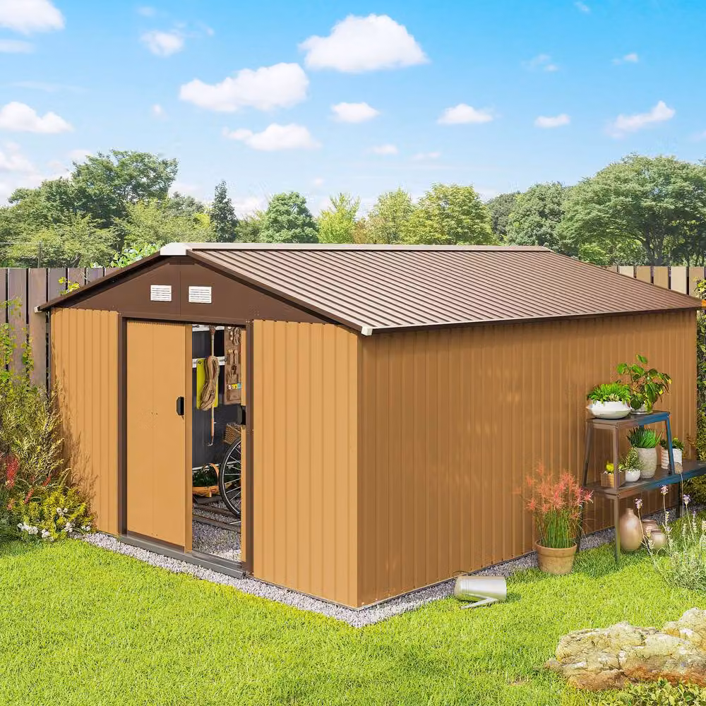 Rolipo Metal Garden Shed with Vents and Foundation, Light Brown, W: 3.96 m, D: 4.0 m – 2