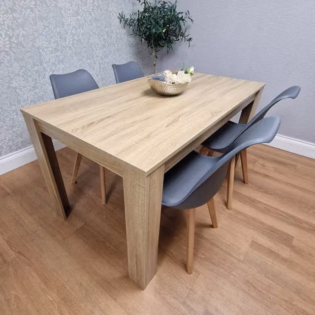 KOSY KOALA Dining Table Set with 4 Grey Plastic Chairs, Oak Effect Rectangular Table, W/D/H: 140 x 80 x 75 cm – 1