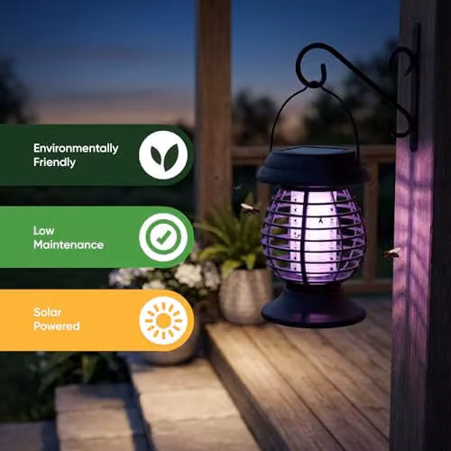 Gardenwize 2-in-1 Solar Powered Yellow Flame LED Lantern and Bug Zapper in Black – 4