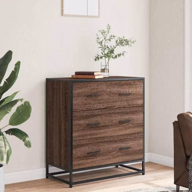 Berkfield Home Brown Oak Sideboard in Engineered Wood and Metal, W: 68 cm, D: 35 cm, H: 76 cm – 1