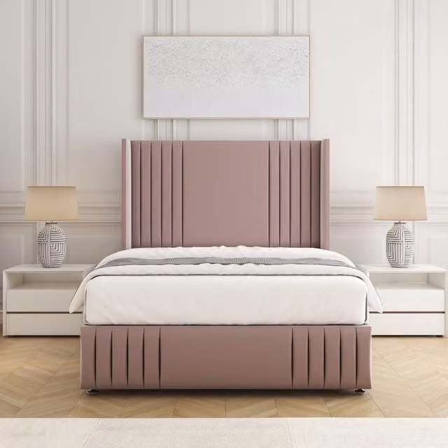 BSSPOKE Peyton Double Divan Bed Set with 54 inch Headboard and Mattress in Pink Plush Velvet, W/D/H: 140 x 200 cm