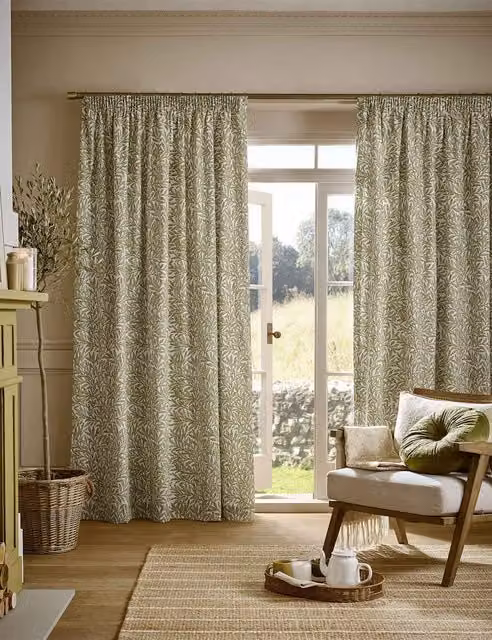 William Morris At Home Original Willow Pencil Pleat Cotton Curtains, Green Mix, H: 229 cm x W: 168 cm