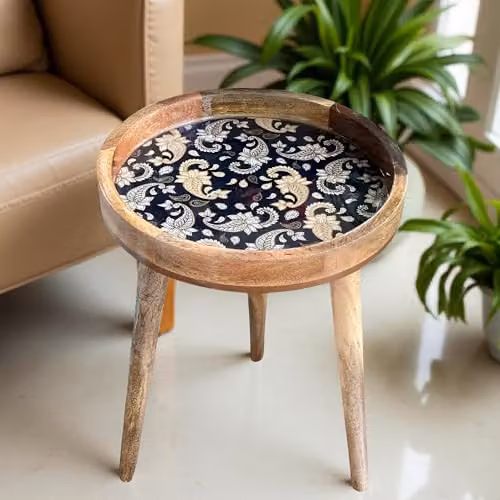 Hartsmede Mango Wood Round Side Table with Paisley Design in Beige, W/D/H: 45.72 x 36 x 47 cm – 3