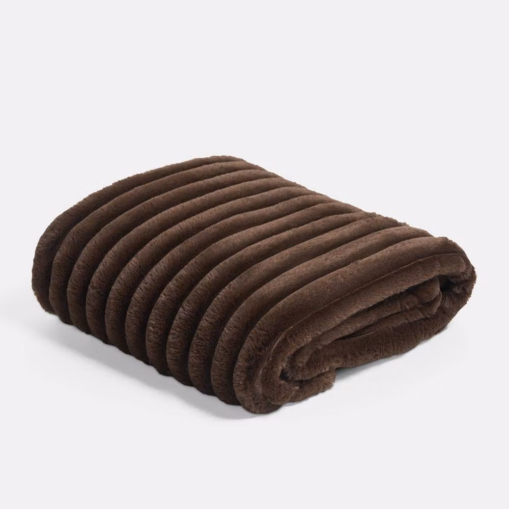 OHS Faux Fur Ribbed Fleece Throw Blanket in Chocolate Brown, W: 150 cm, D: 200 cm – 3