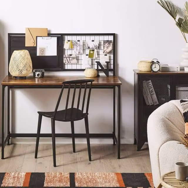 Wyld and Coco Writing Desk with Built-in Memo Board, Black Frame and Dark Wood Top, W: 121 cm, D: 60 cm, H: 60 cm – 1