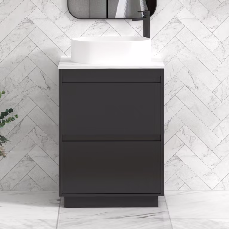 Royal Bathrooms Orion 600mm Matt Obsidian Black Floor Standing Countertop Vanity Unit with 2 Drawers, Peak Basin and Black Accent Trim