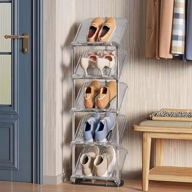 The Bazaarist Slim 5 Tier Sloping Metal Shoe Rack in Grey and Silver – 1