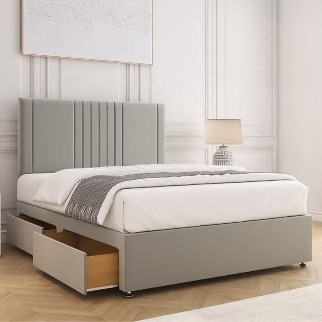 BSSPOKE Monaco Velvet Divan Bed Set with 24 inch Headboard, 2 Drawers on Same Side and Mattress in Silver, King Size W/D/H: 180 x 200 cm