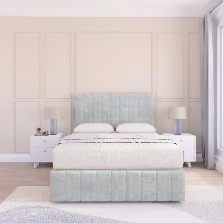 Sloomy California Divan Bed Base in Silver Velvet with Chesterfield Upholstered Headboard and Footboard, W/D/H: 140 x 200 cm
