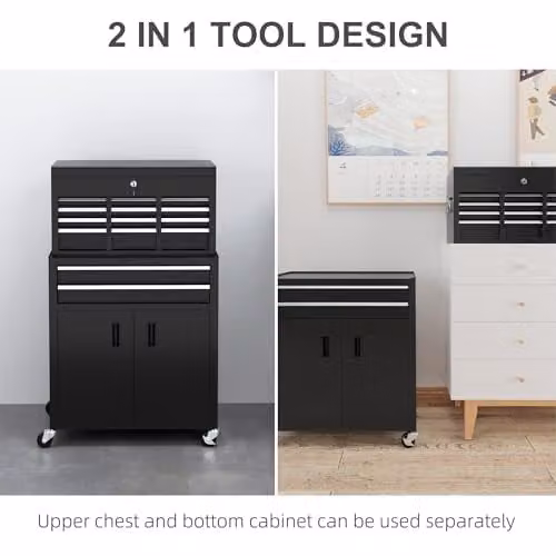 HOMCOM Metal Tool Chest and Roller Cabinet Combo with 6 Drawers, Black, W: 61.6 cm, D: 33.0 cm, H: 108.0 cm – 5