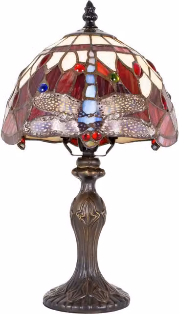 Happy Homewares Hand Crafted Stained Glass Dragonfly Tiffany Table Lamp in Red and Multicolour with Bronze Base – 1