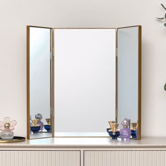 Melody Maison Art Deco Gold Dressing Table with Triple Mirror W: 70 cm, D: 60 cm