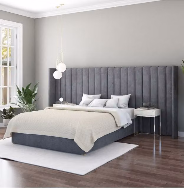 Aspire Grandeur Upholstered Velvet Headboard in Navy Blue and Grey