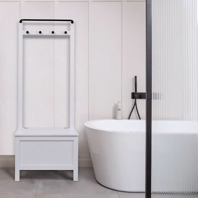 Nöa and Nani Karlstad White Minimalist Freestanding Bathroom Storage Cabinet with Coat Hooks and Internal Shelves