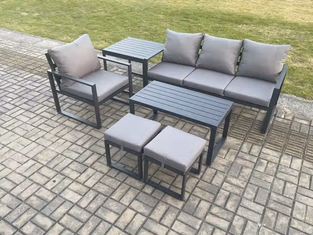 Fimous 6 Seater Aluminium Garden Furniture Set in Dark Grey with Cushions, Armchairs, Ottomans and Coffee Table