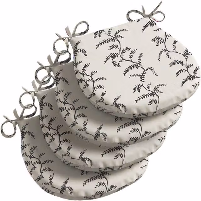 Livinluxury Linen Fern Semicircular Outdoor Seat Pad in Grey and White, Pack of 4