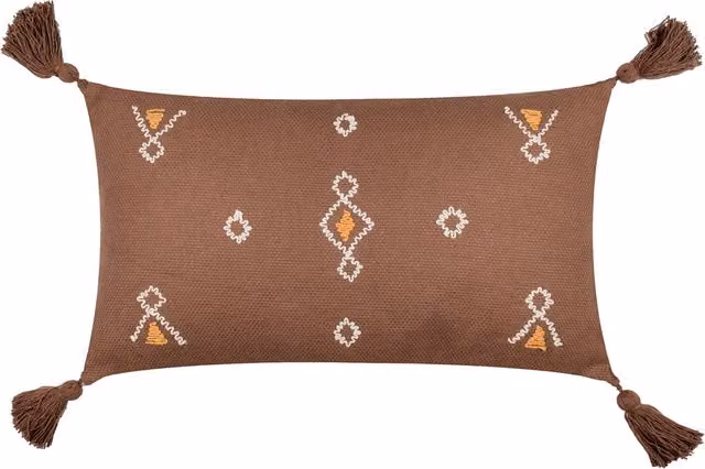Meare Embroidered Rectangular Cotton Cushion in Brown