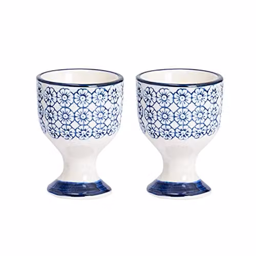 Nicola Spring Hand-Printed Floral Egg Cups, Blue Stoneware, Pack of 2