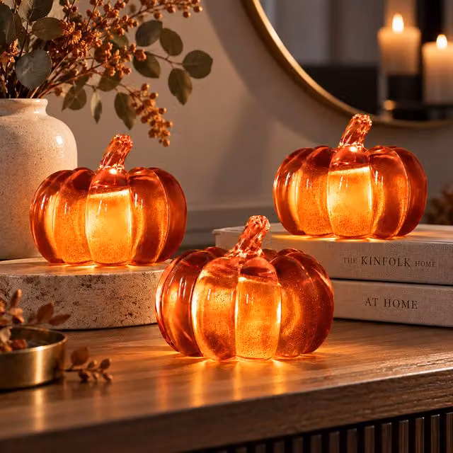 Marco Paul Set of 3 Orange Light Up Acrylic Pumpkin Tabletop Decorations for Halloween and Autumn – 1