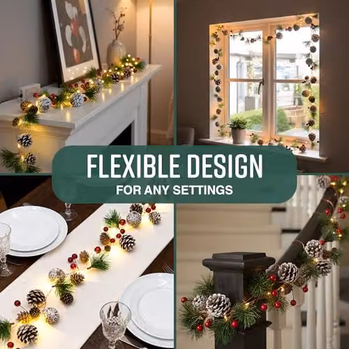 Globrite Pre-Lit Christmas Garland with 20 Warm White LEDs, 2m Length – 8
