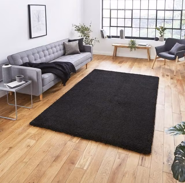 Terrys Modern Plain Black Rectangular Polypropylene Living Room Rug