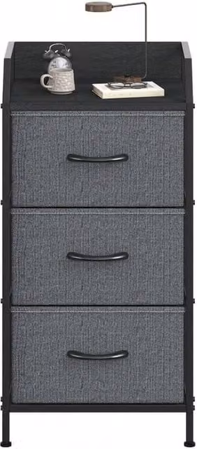 VOGREX Modern 3 Drawer Bedroom Storage Chest with Steel Frame in Dark Grey
