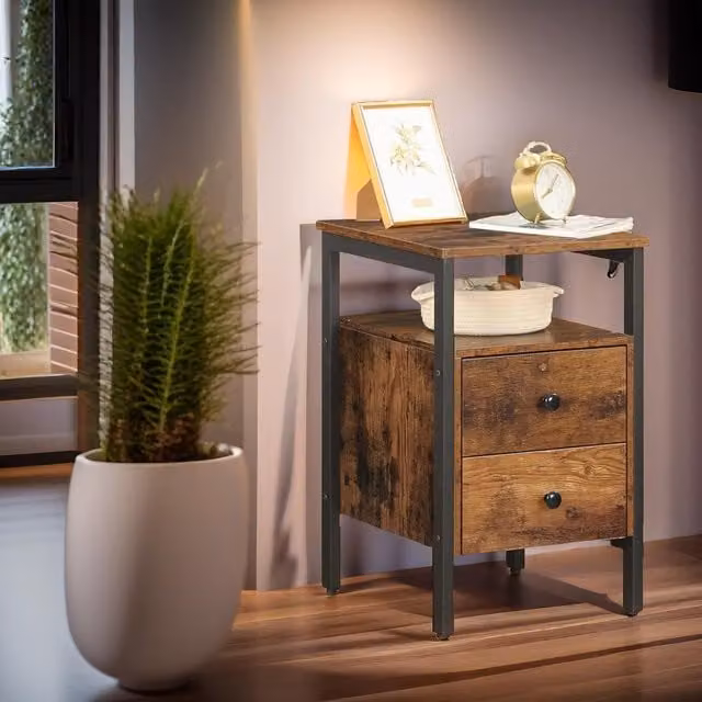 Rafaelo Mobilia Industrial Bedside Table with 2 Drawers in Brown and Black, W/D/H: 40 x 40 x 61 cm – 1