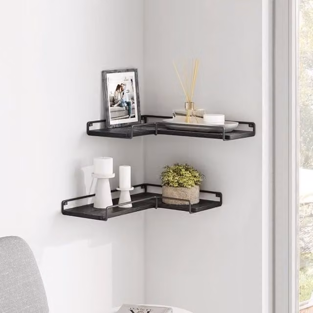 VASAGLE Set of 2 Black Industrial Style Floating Corner Wall Shelves