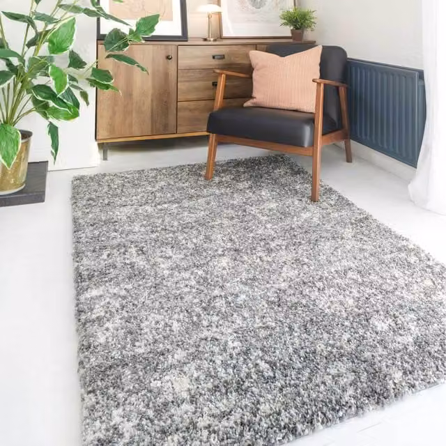The Rug House Silver Grey Mottled Shaggy Area Rug, W: 290 cm, D: 200 cm