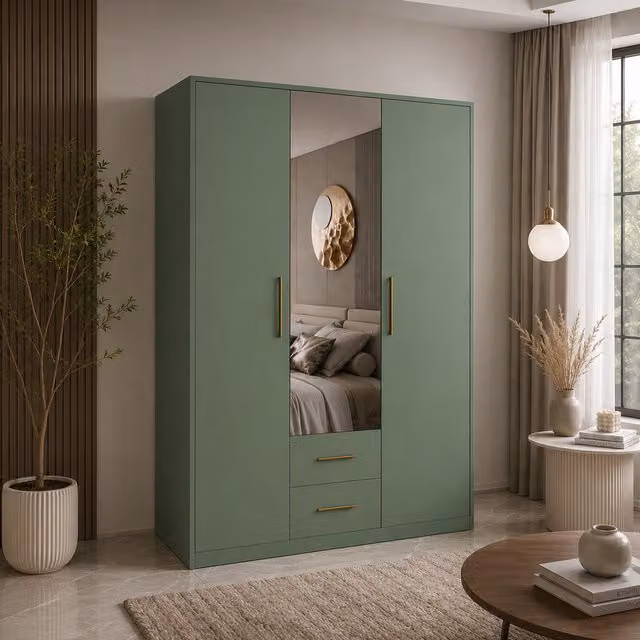 Swindon Modern 3 Door Wardrobe in Matt Dark Green with Mirror and Integrated Drawers, Width: 120 cm