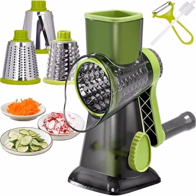 NESTLUNE 3-in-1 Rotary Kitchen Cheese and Vegetable Grater with Multiple Blades and Non-Slip Base, Green