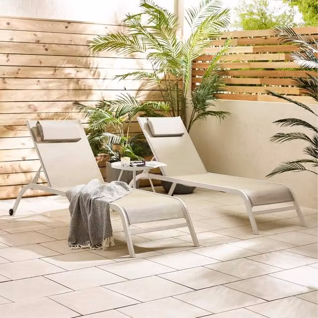 FurnitureboxUK Pair of Corsica Retro Sun Loungers in Cream with Adjustable Headrest and Powder Coated Steel Frame