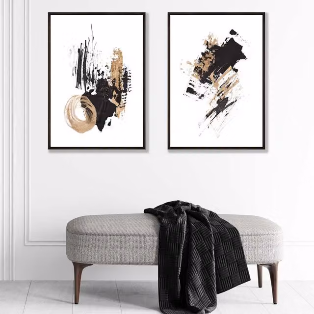 ARTZE Set of 2 Black and Gold Abstract Oil Strokes Art Prints in Black Wood Frames, Size: A4 – 1